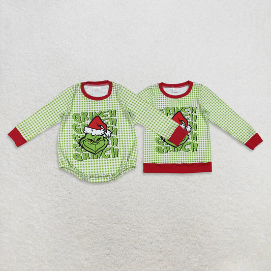Matching Baby Christmas cartoon green romper & top  clothing