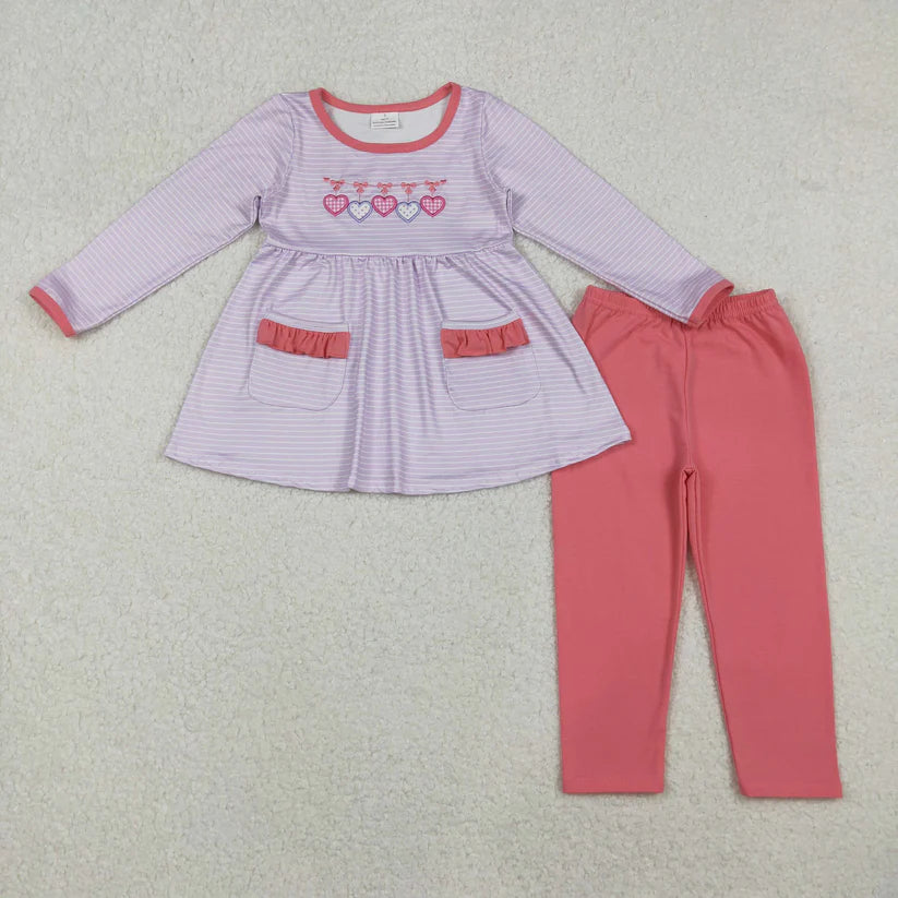 Matching Baby girls valentine love purple stripe outfits long sleeves embroidery