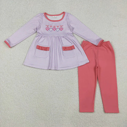 Matching Baby girls valentine love purple stripe outfits long sleeves embroidery