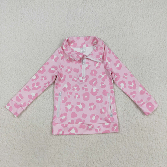 GT1070 baby girls pink leopard zipper long sleeve top yoga