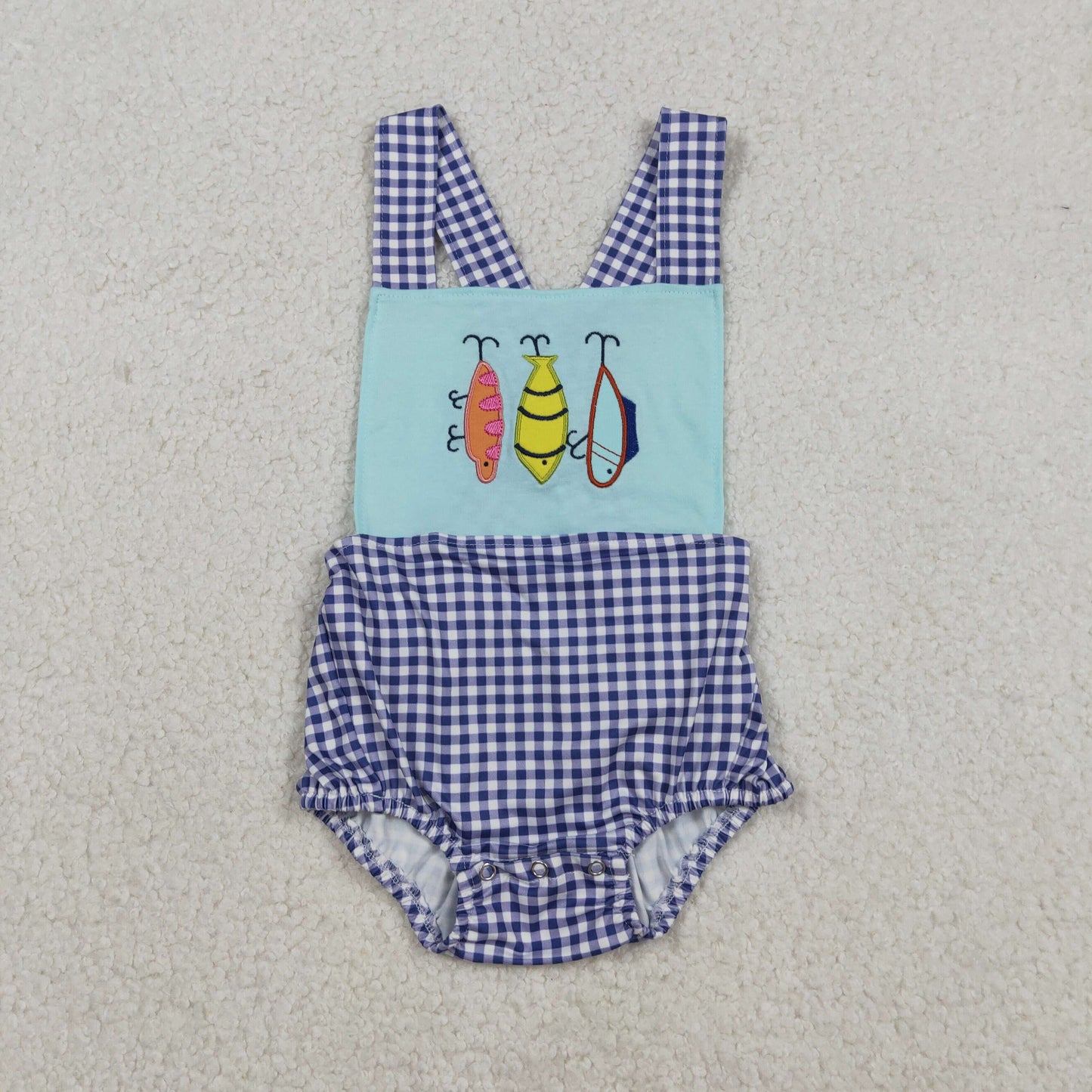 SR3413 baby boys fish blue checkered romper embroidery