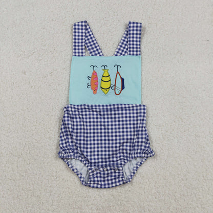 SR3413 baby boys fish blue checkered romper embroidery