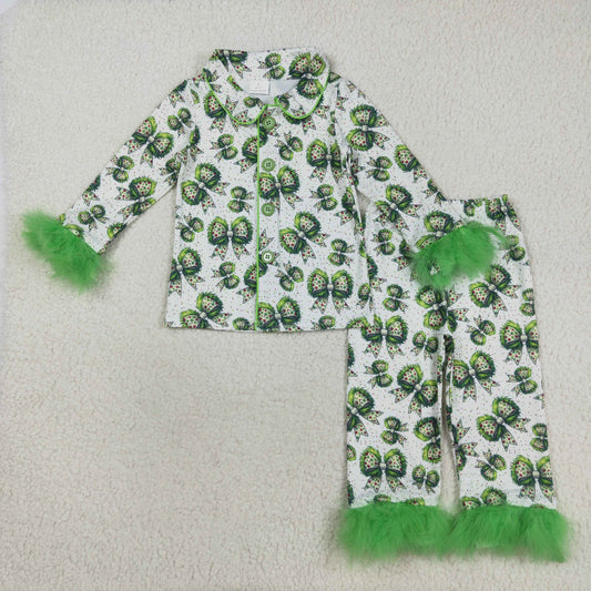 GLP2582 baby Girls green bow Furry pajamas