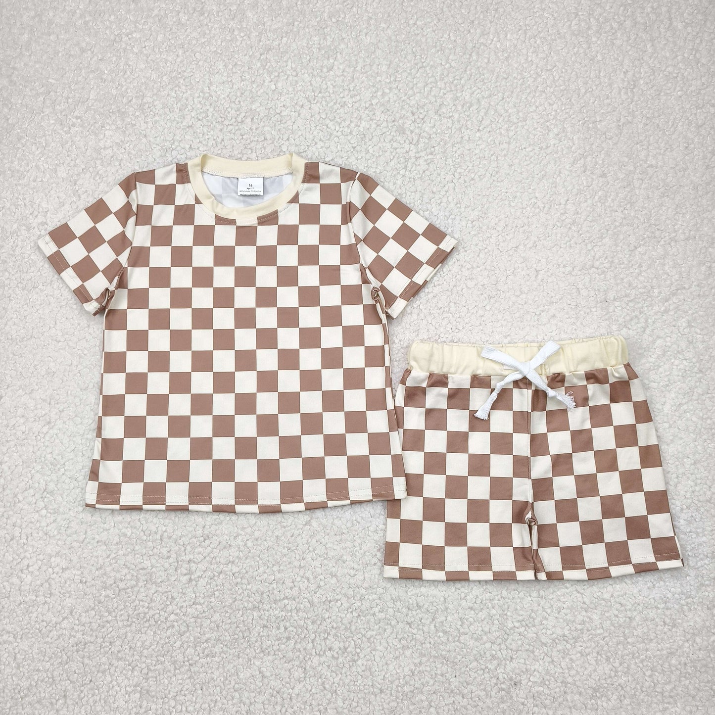 BSSO1422 Boys khaki short sleeve checkered shorts outfits