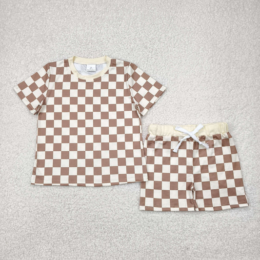 BSSO1422 Boys khaki short sleeve checkered shorts outfits