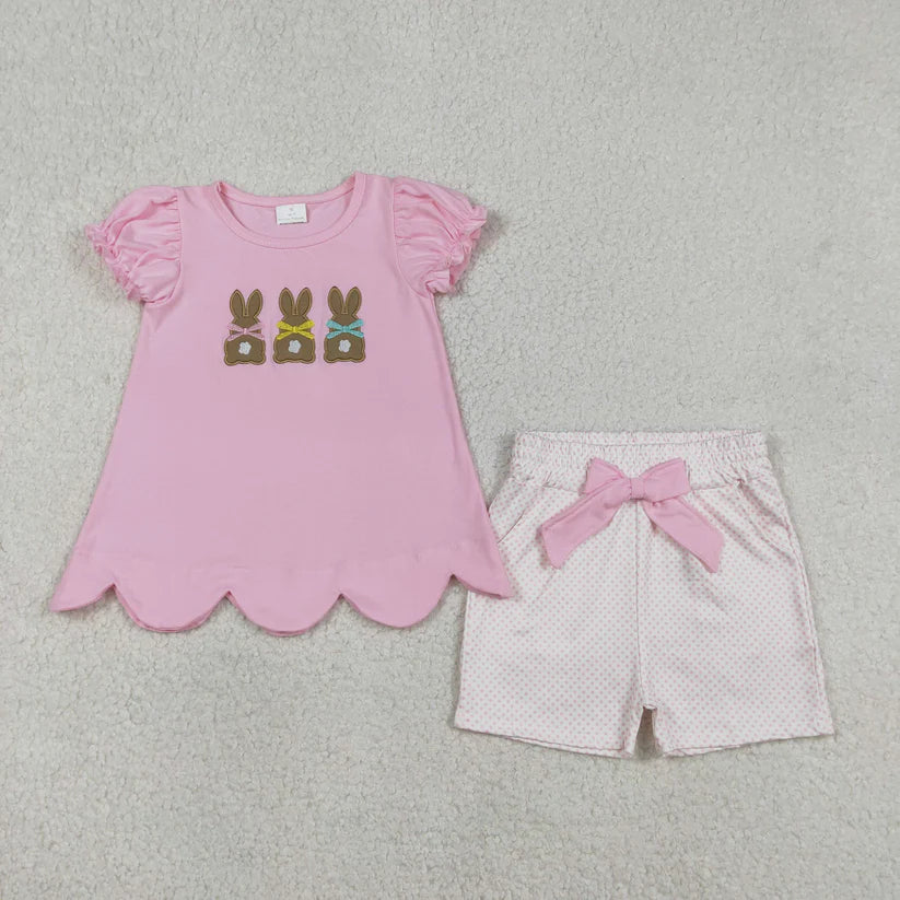 Matching Baby girls Easter bunny pink romper outfits embroidery