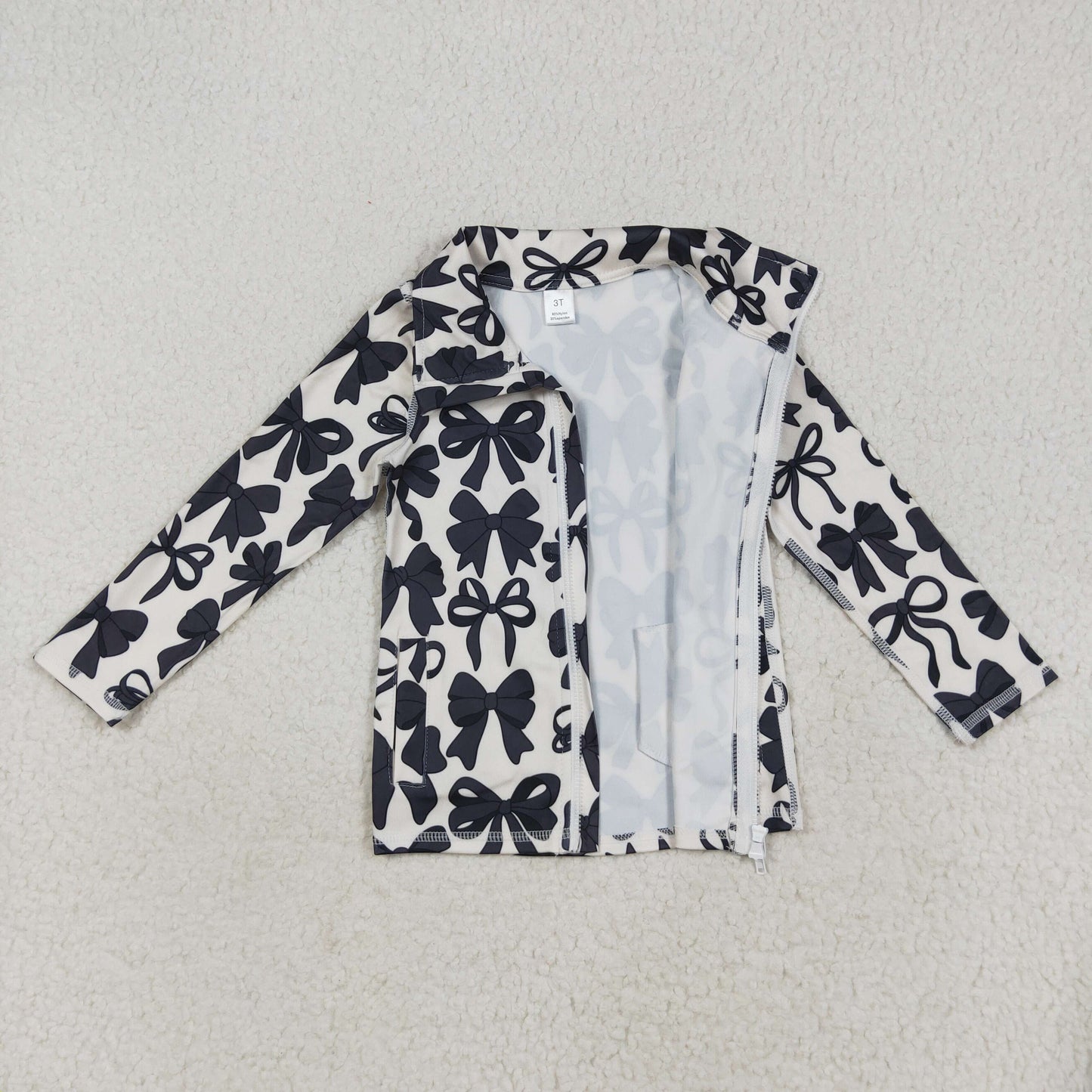 GT1084 baby girls black bow zipper long sleeve top yoga