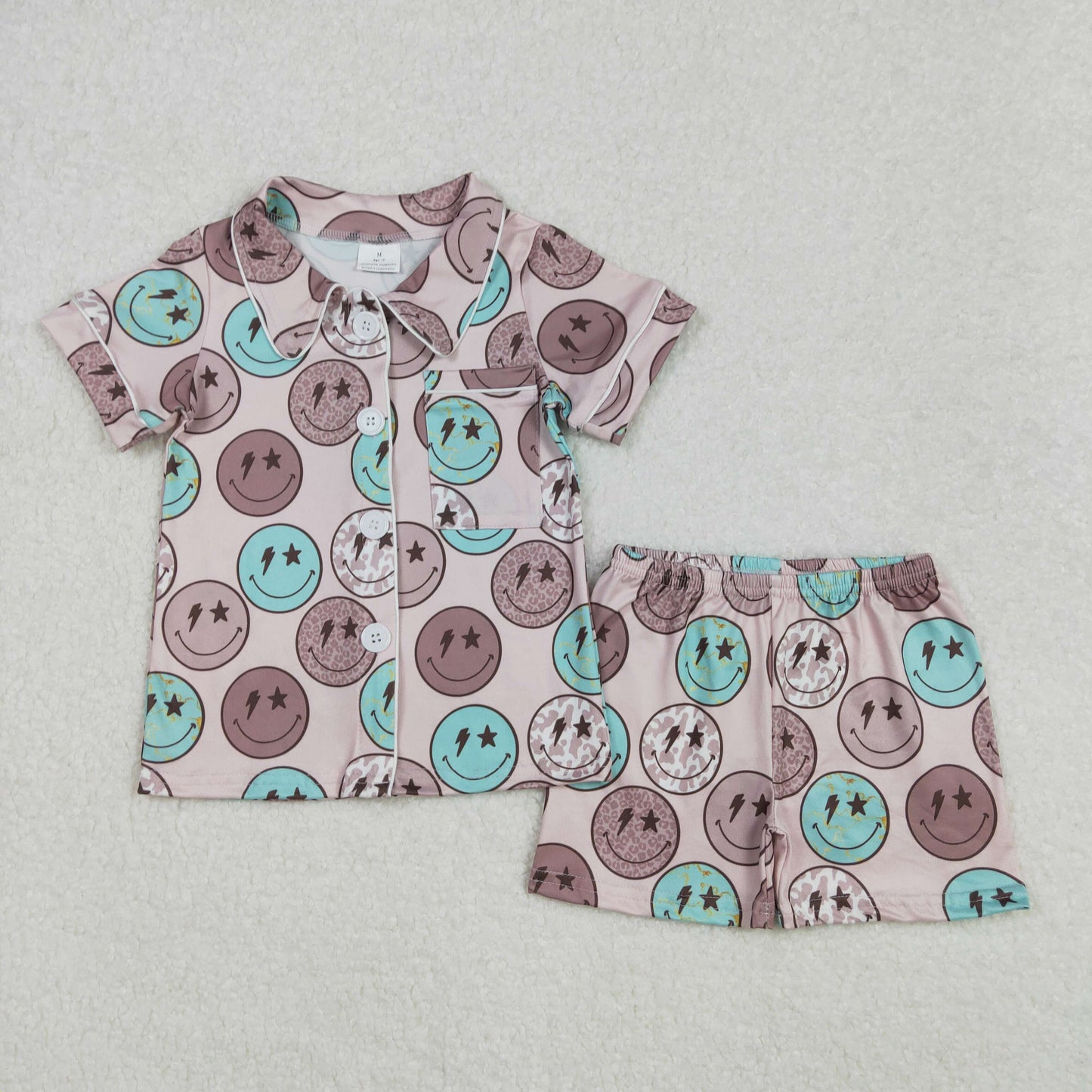 GSSO1545 Baby boy brown blue smile shorts pajamas
