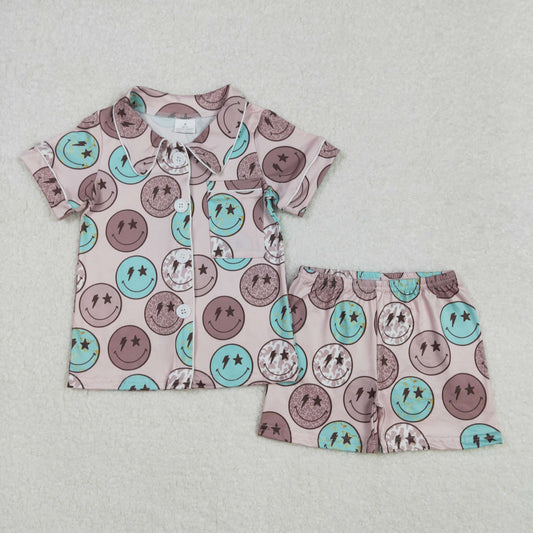 GSSO1545 Baby boy brown blue smile shorts pajamas
