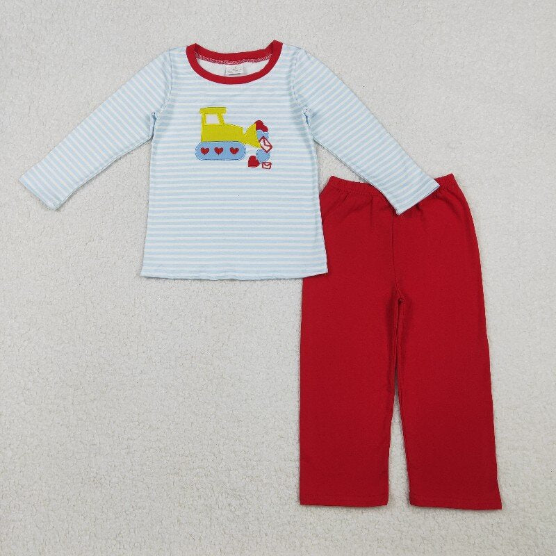 Matching Baby boys Valentine's stripe romper outfits long sleeves embroidery