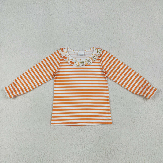 GT1074 baby girls orange stripe long sleeve floral collar top