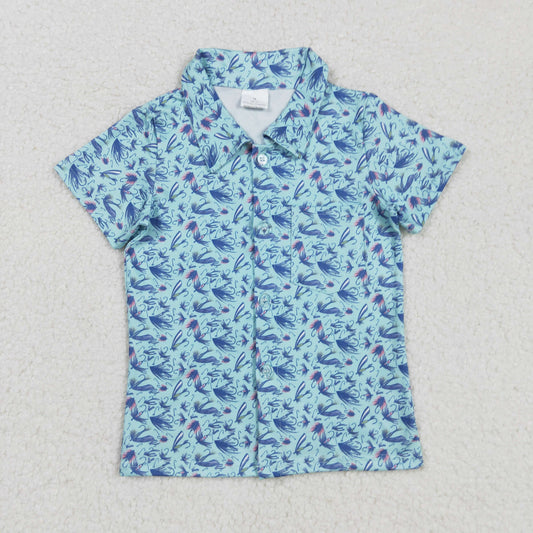 BT1296 baby boys button short sleeve Fishhook blue shirt top