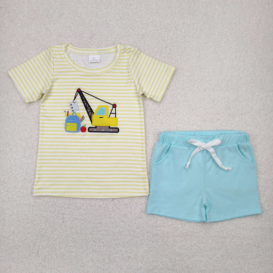BSSO1417 Boys Back To School yellow short sleeve blue shorts outfits embroidery