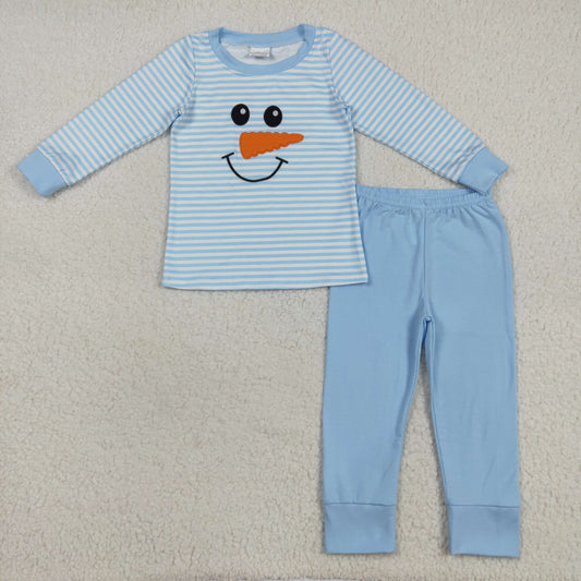 BLP1150  baby Boys snowman blue stripe pajamas embroidery