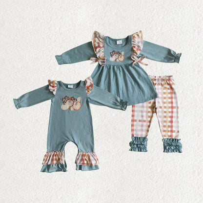Matching Baby girls Halloween pumpkin outfits romper clothing embroidery