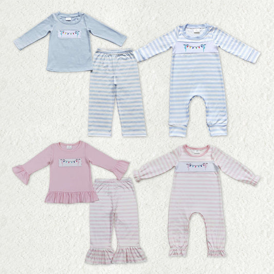 Matching Baby girls boys Christmas Colorful lights stripe romper outfits long sleeves embroidery