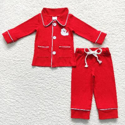 Matching Baby boys girls Christmas button long sleeves pajamas embroidery