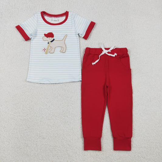 BSPO0613 toddler boys puppy blue stripe short sleeves red outfits embroidery