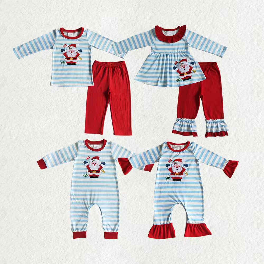 Matching Baby girls boys Christmas Santa blue stripe romper outfits long sleeves embroidery