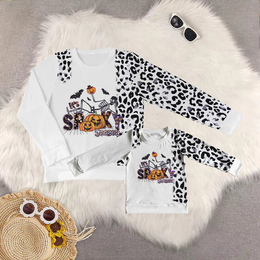 Family Matching Adult kids Halloween pumpkin leopard long sleeve top