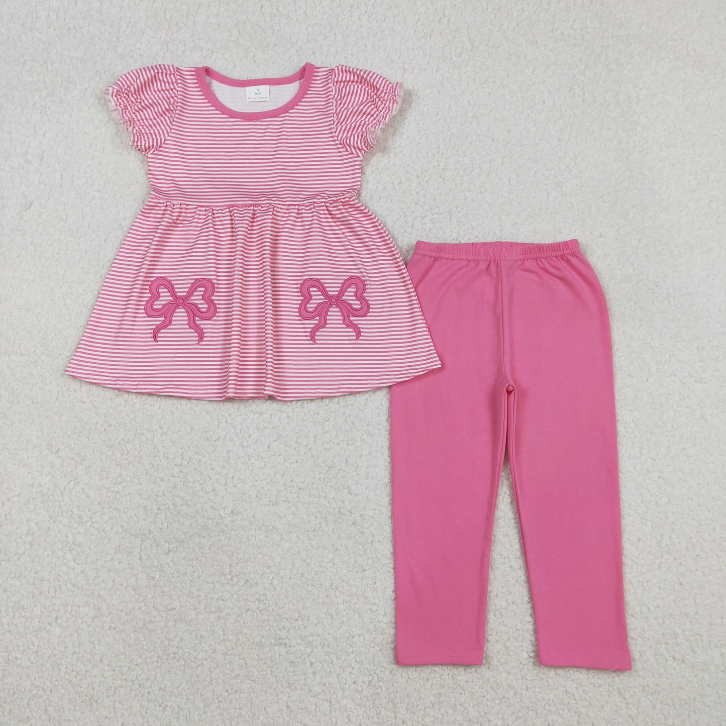 GSPO2150 girls rose bow stripe puff sleeves outfits embroidery