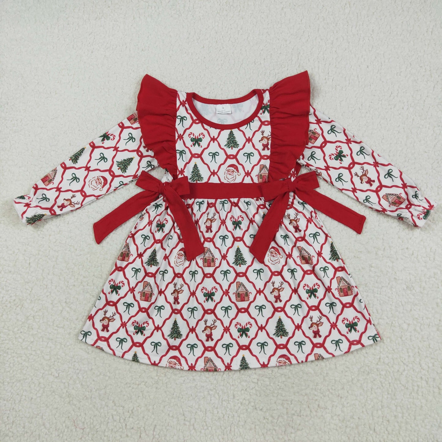 GLD1158 girls Christmas green red tree bow Dress