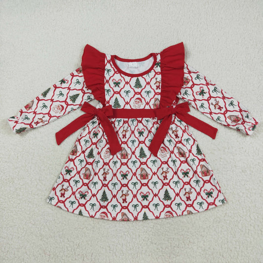 GLD1158 girls Christmas green red tree bow Dress