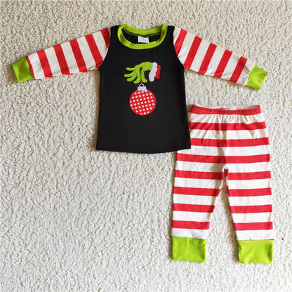 Matching Baby girls boys Christmas cartoon red stripe pajamas embroidery