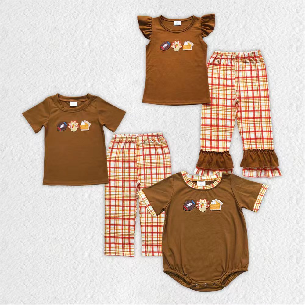 Matching Baby girls boys Thanksgiving turkey outfits clothing embroidery