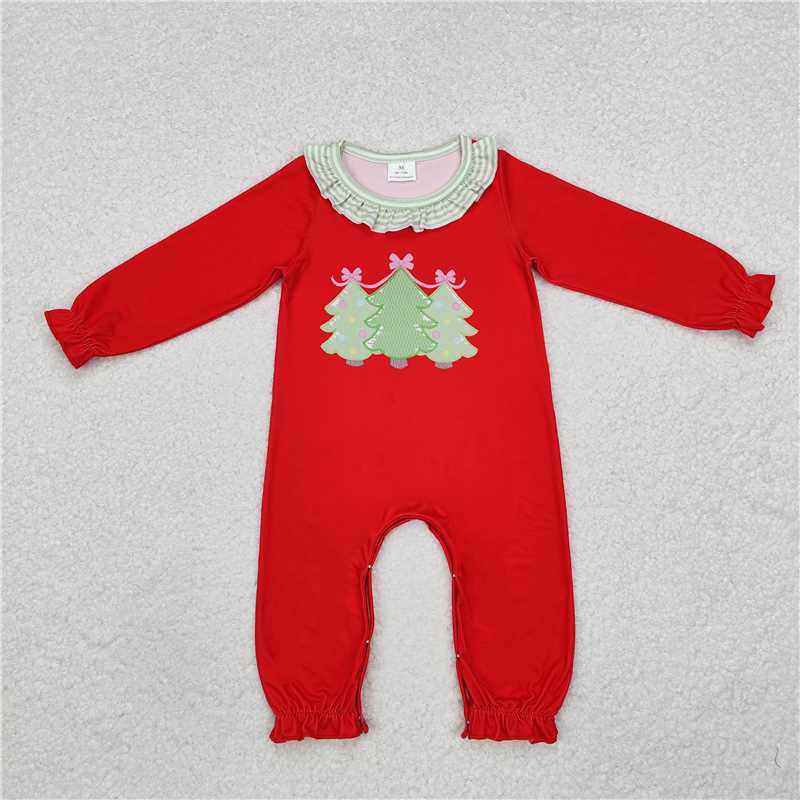 Matching Baby girls boys Christmas tree red romper outfits long sleeves embroidery