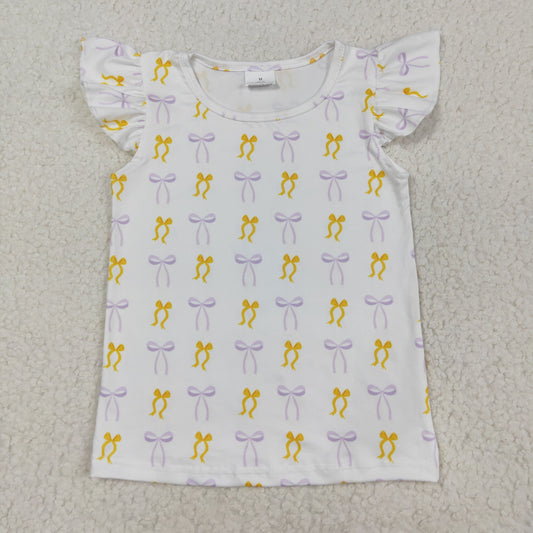 GT1147 Girls flying sleeve purple yellow bow shirt