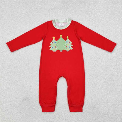 Matching Baby girls boys Christmas tree red romper outfits long sleeves embroidery