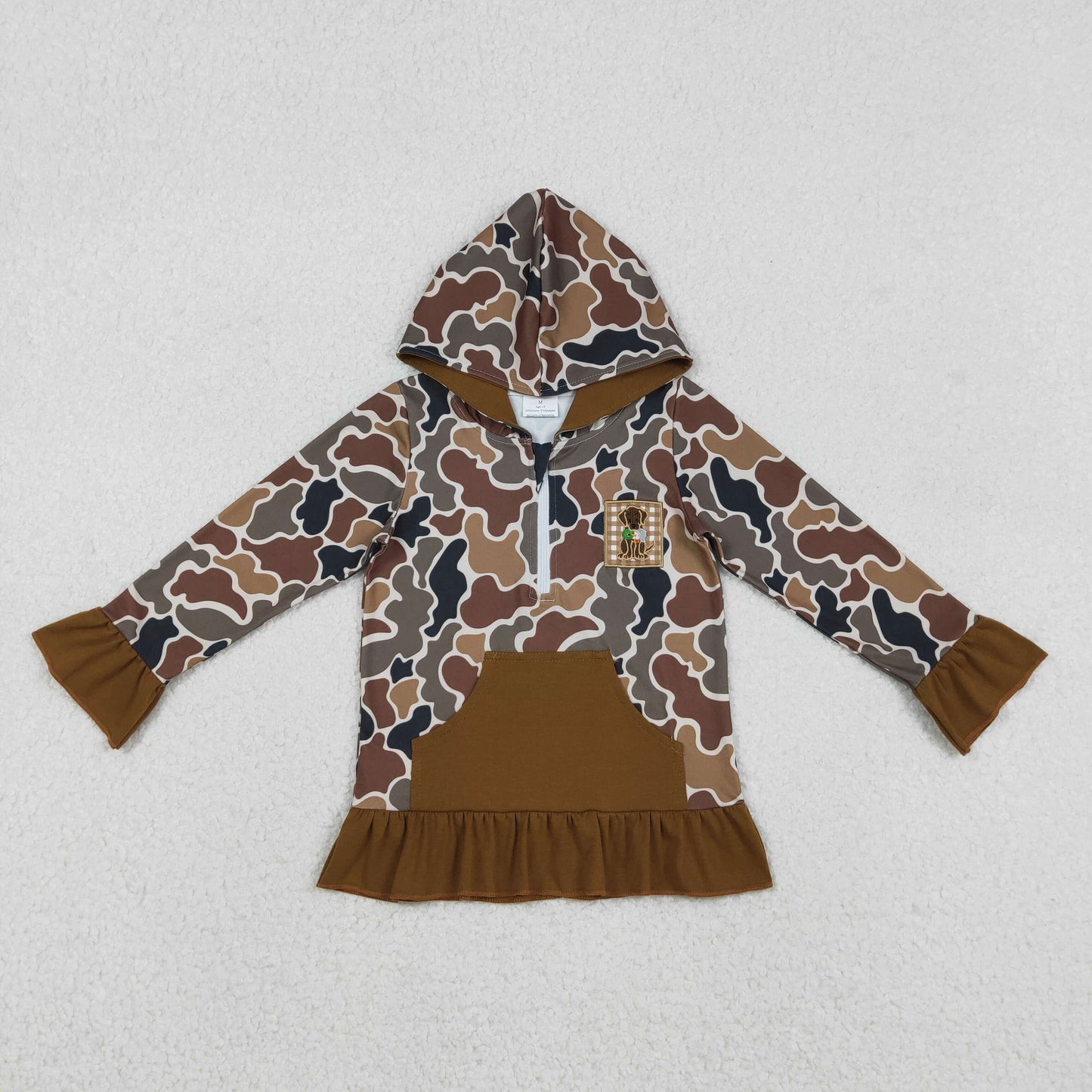 GT1132 baby girls brown camo hunting dog floral hoodies zipper top embroidery