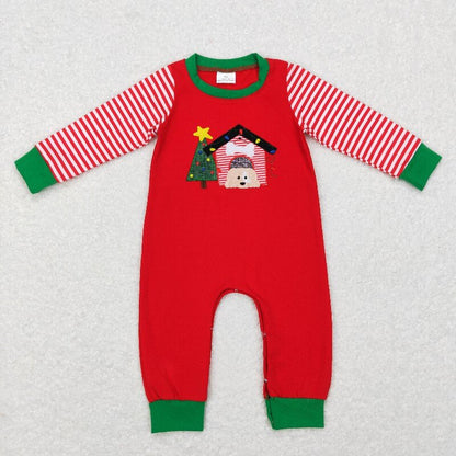 Matching Baby boys Christmas stripe romper outfits red long sleeves embroidery