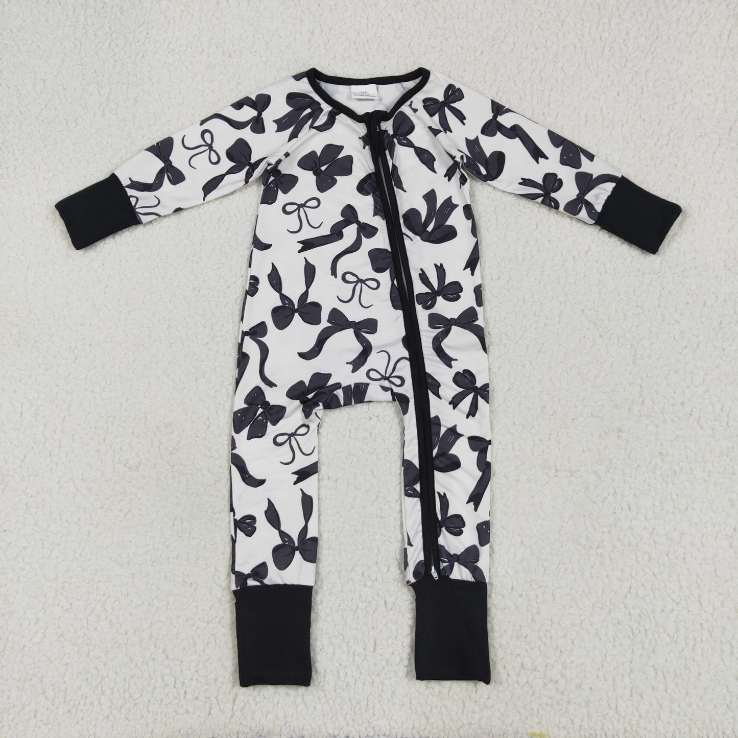 LR2253 baby boys black bow zipper romper