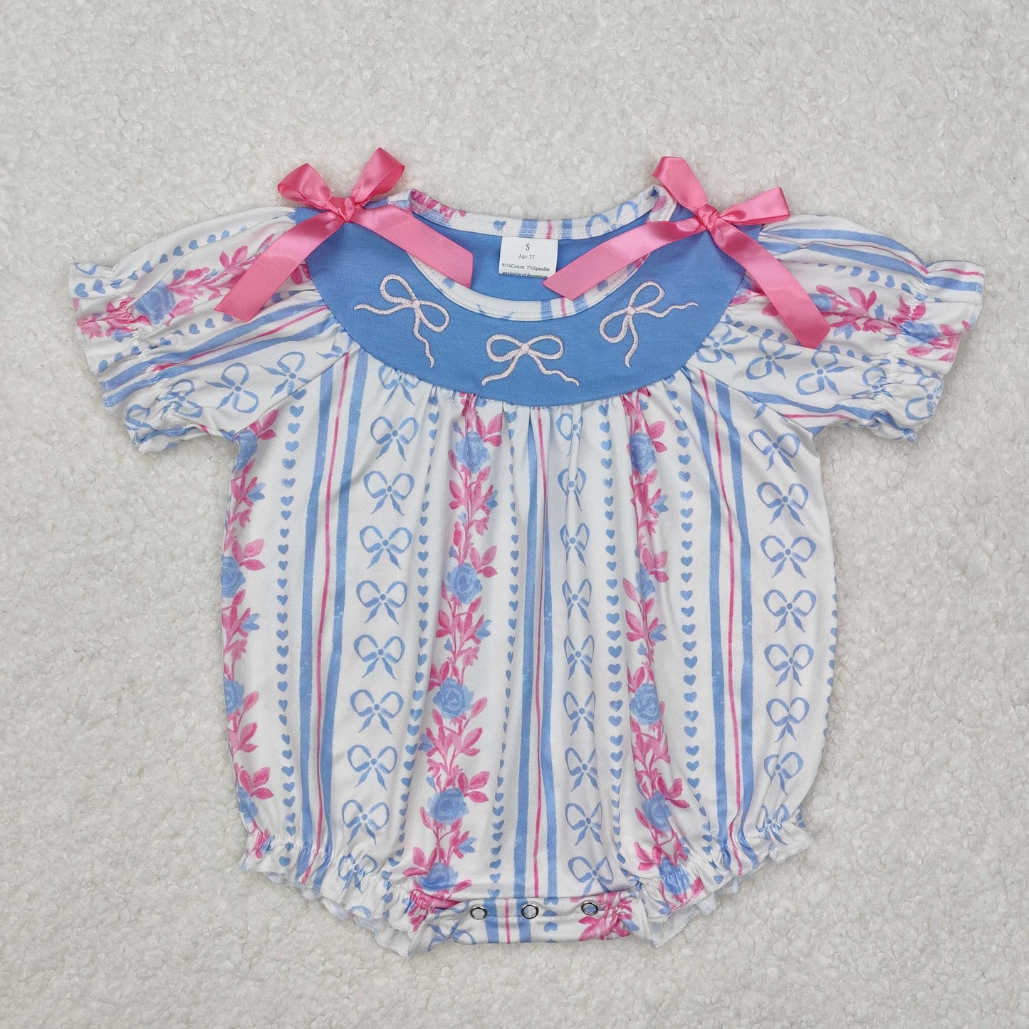 SR2131 Pink bow flower striped short sleeve romper embroidery