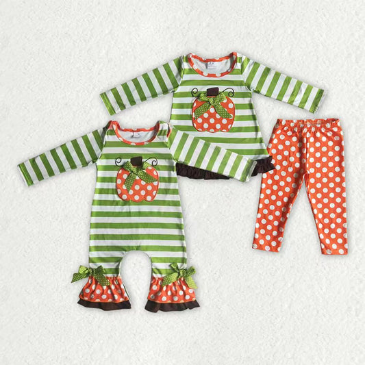 Matching Baby girls Halloween pumpkin leopard grey outfits romper clothing embroidery