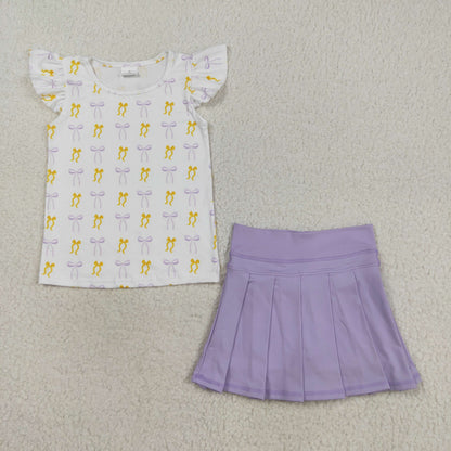 GSD2789 girls short sleeve bow purple skirt outfits yoga