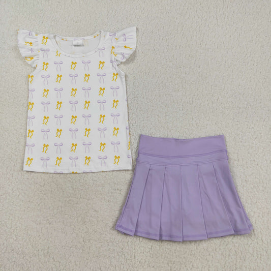 GSD2789 girls short sleeve bow purple skirt outfits yoga