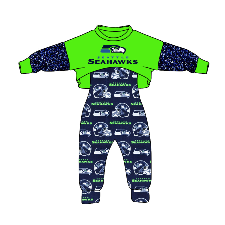 MOQ 3 Custom design Girls Seahawks Outfits 2pcs