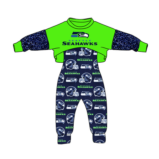 MOQ 3 Custom design Girls Seahawks Outfits 2pcs