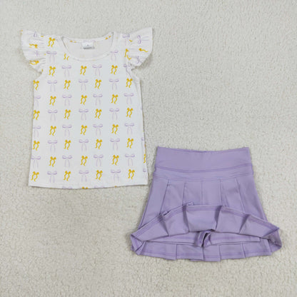 GSD2789 girls short sleeve bow purple skirt outfits yoga