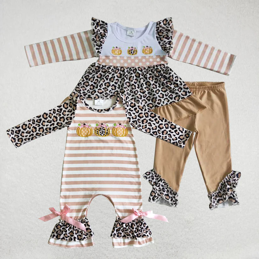 Matching Baby girls Halloween pumpkin leopard stripe outfits romper clothing embroidery