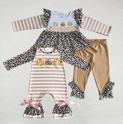 Matching Baby girls Halloween pumpkin leopard stripe outfits romper clothing embroidery