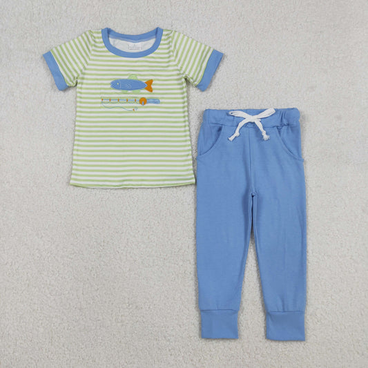 BSPO0612 toddler boys fish green stripe short sleeves blue outfits embroidery