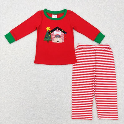 Matching Baby boys Christmas stripe romper outfits red long sleeves embroidery