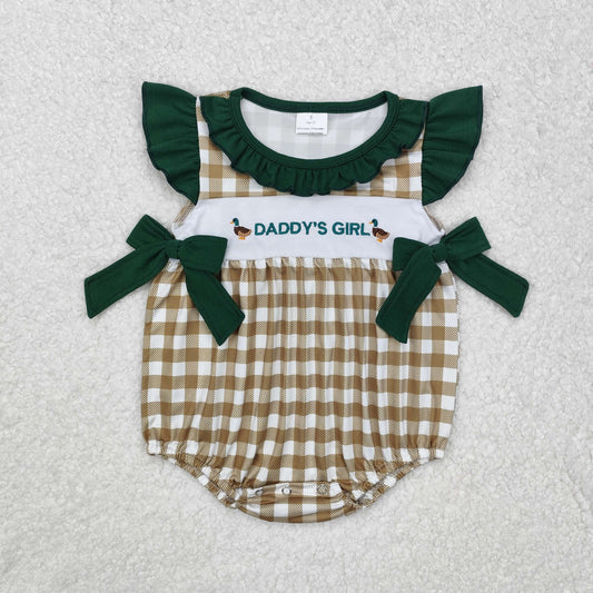 SR2304 Baby daddy's girl duck plaid green romper embroidery