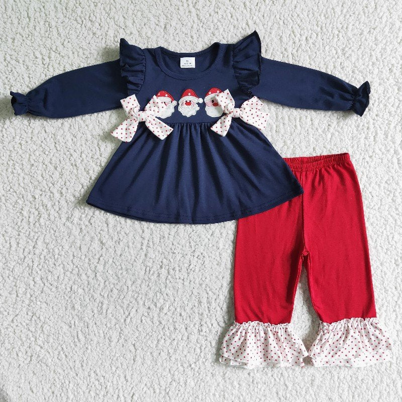 Matching Girls Boys Christmas Santa Outfits Long Sleeves Pants Navy Embroidery