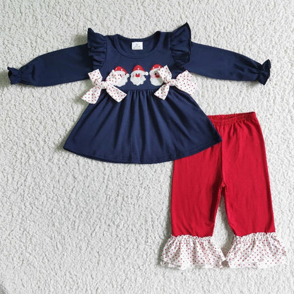 Matching Girls Boys Christmas Santa Outfits Long Sleeves Pants Navy Embroidery