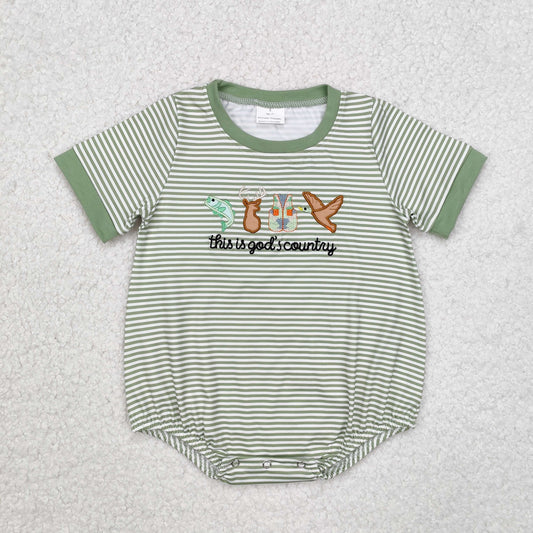 SR2263 Baby boys short sleeve green stripe romper embroidery